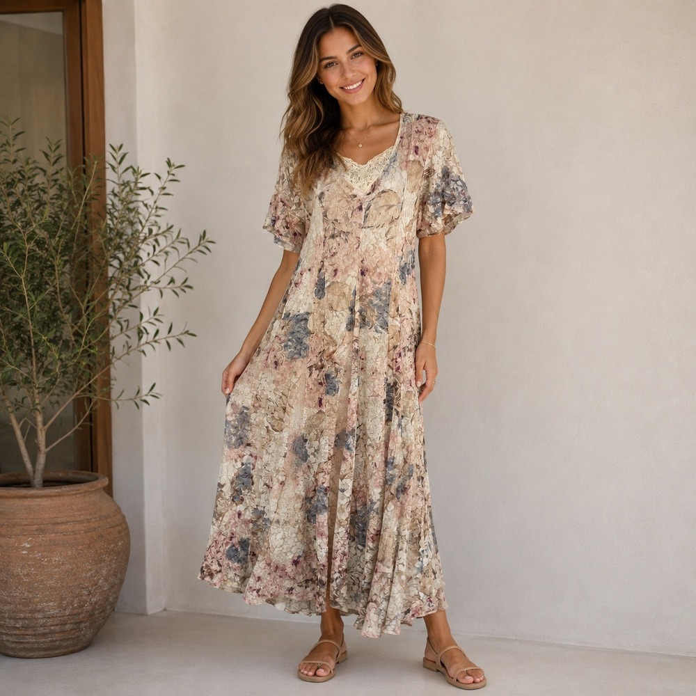 VTG Nostalgia Maxi Dress S Floral Lace Lined Boho Cottagecore Romantic Victorian